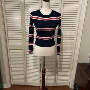 Pink Rose Navy Sweater with Red and White Stripes